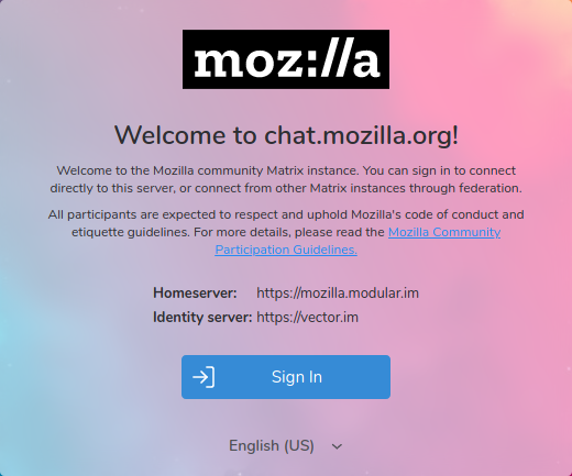 Welcome screen on chat.mozilla.org